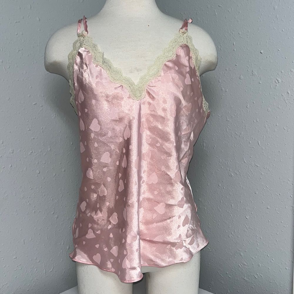 Vintage opulence Shiny Pastel Pink Lace Trim Heart Print Cami Lingerie Top FLAWS